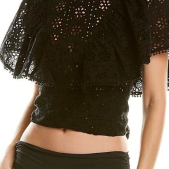Melissa Odabash Black Flutter Sleeve Crop Blouse - Picture 1 of 3